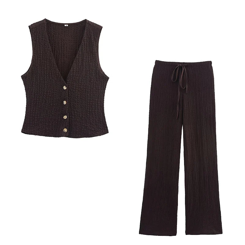 Women's 2-Piece Sleeveless Button-Down Vest & Wide-Leg Pants Set