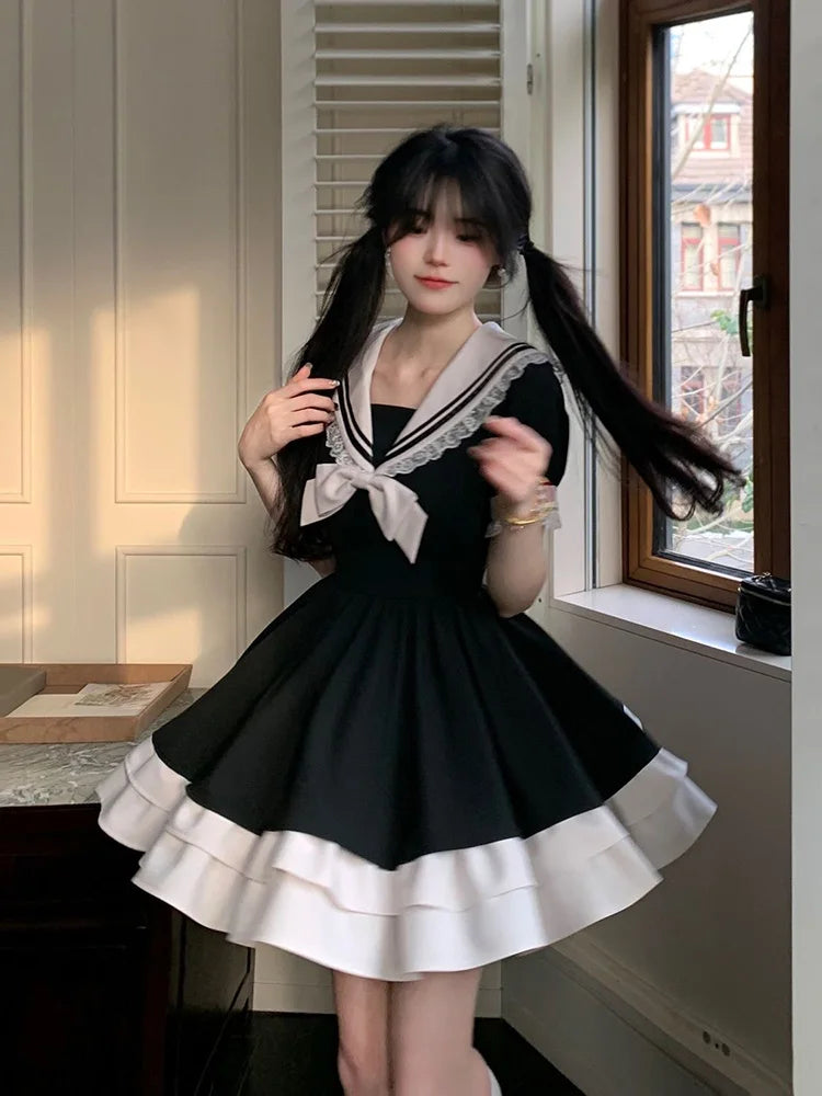 Black Dress Women Bow Japanese Cute Lolita Dress Women Sweet lace Puff Sleeve Student Dresses Party Sailor Collar Kawaii Dress