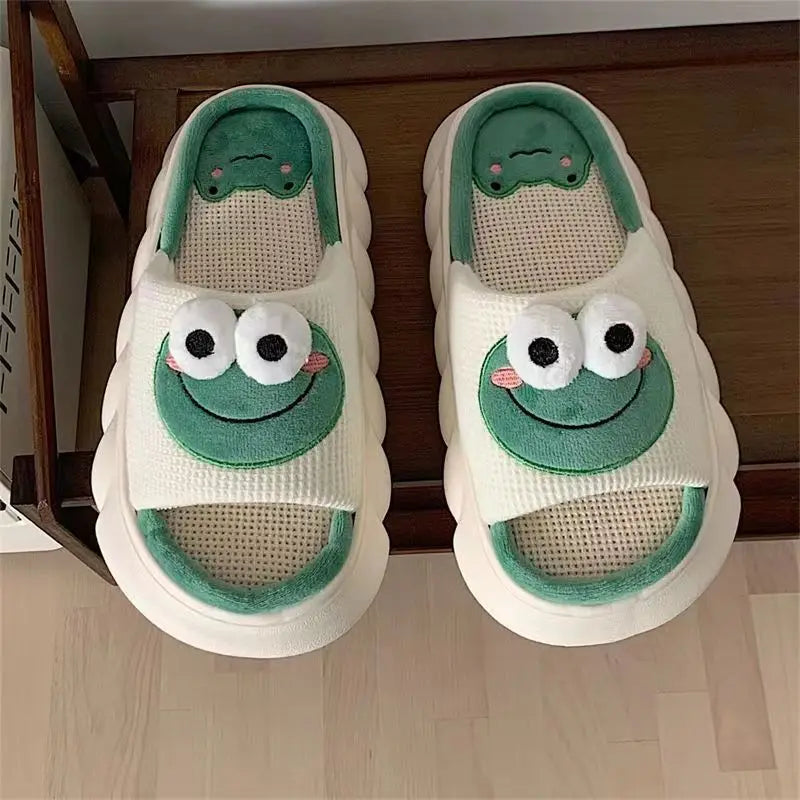 Women Cartoon Frog Slippers Winter Warm Indoor Home Slides Linen Thick Sole Couple Slipper Bedroom Anti Slip Shoes Sandals