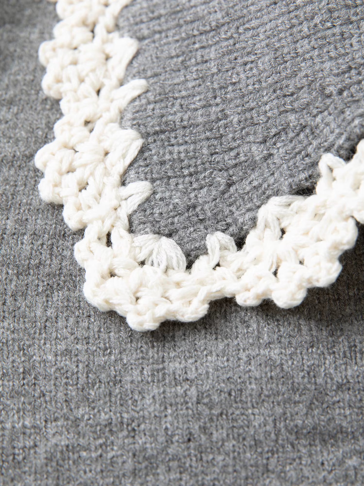 Women's Fashion Embroidery Hook Flower Knit Cardigan with Sweet Lace Edges Turned-Up Collar Flattering Sweater Cardigan