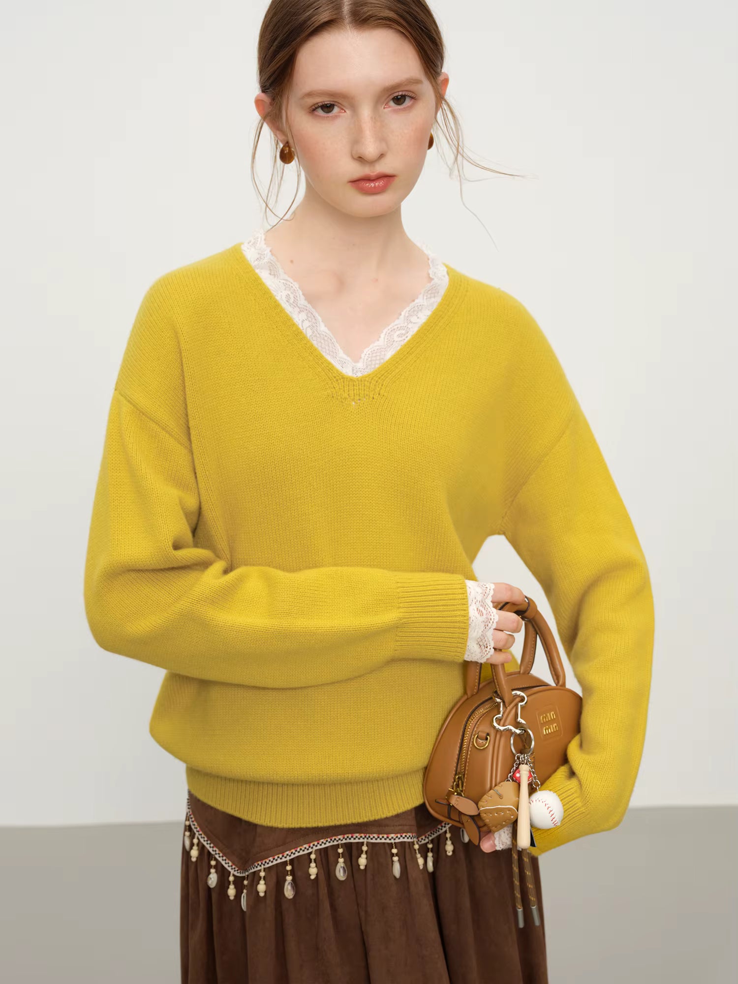 Winter 2025 Women's V-Neck Lace Knit Sweater - Sweet Feminine Pure Wool Blend Pullover Relaxed Fit for Casual Elegance