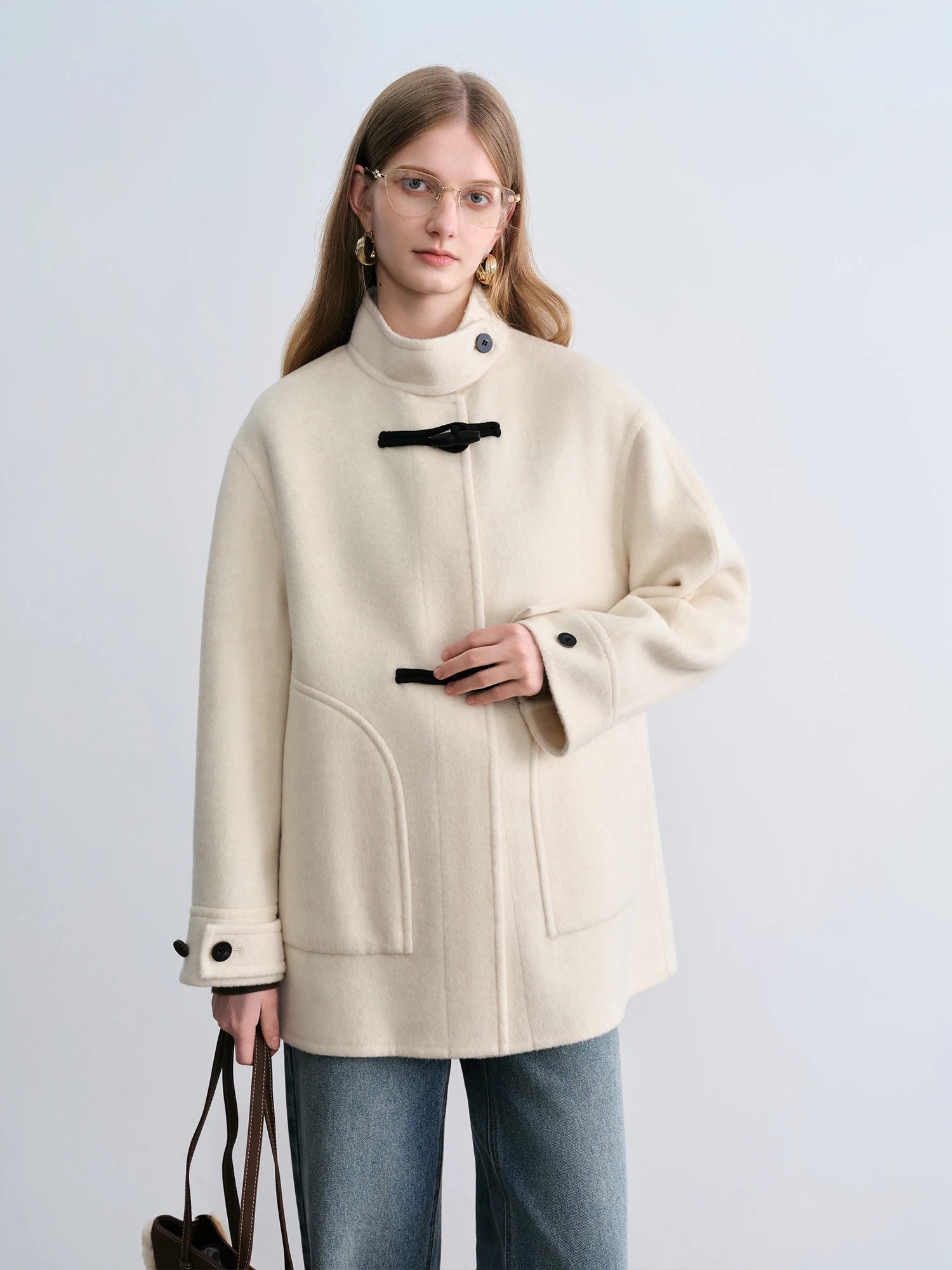 Crafty Studio Wool Coat for Petite Women with Horn Buttons, Standing Collar, and Double-Faced Design 2025 New