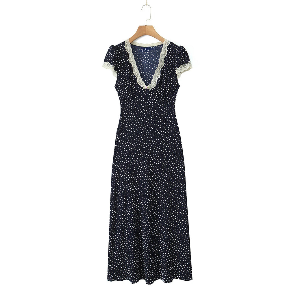 Elegant Navy V Neck Polka Dot Print Lace Trim Dress
