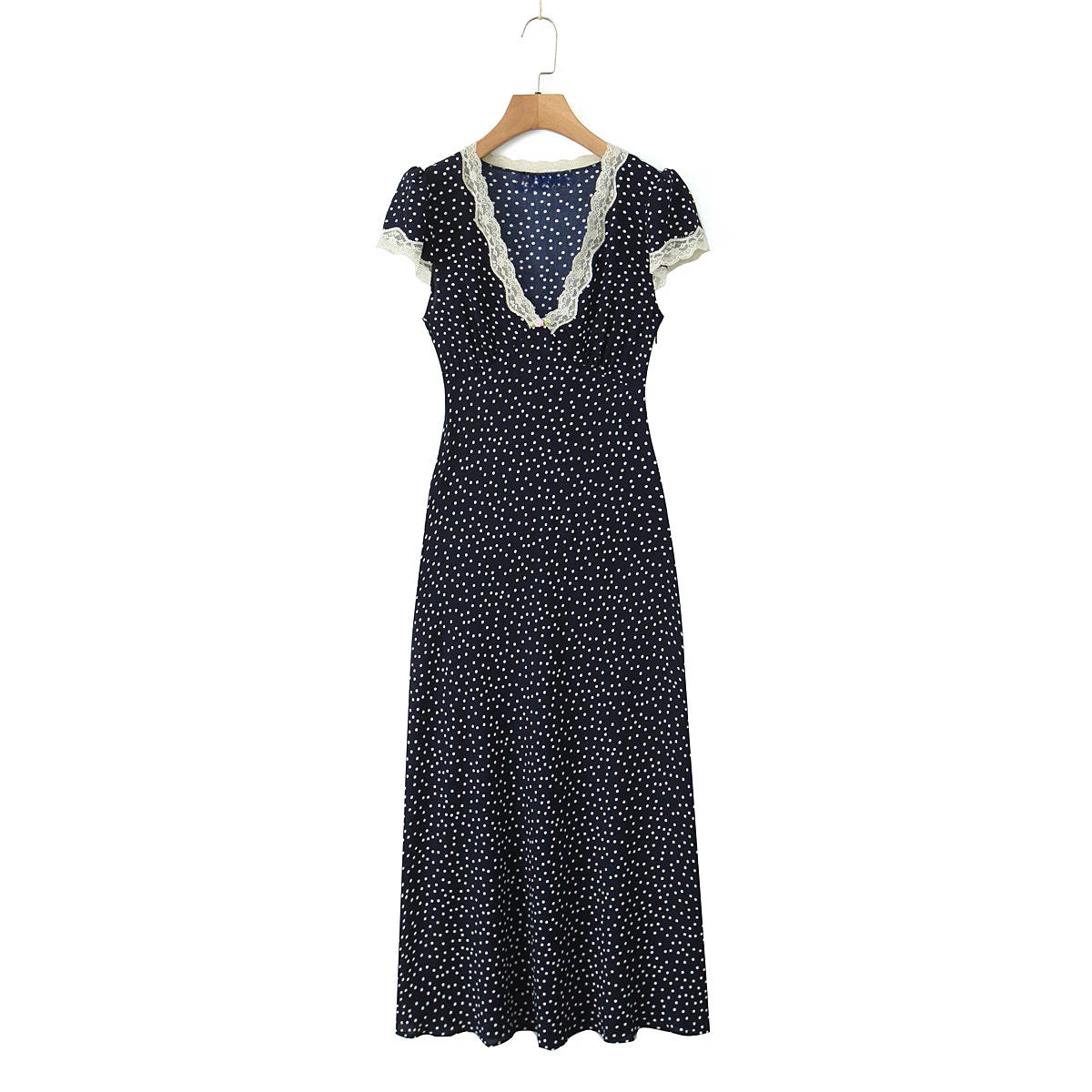 Elegant Navy V Neck Polka Dot Print Lace Trim Dress
