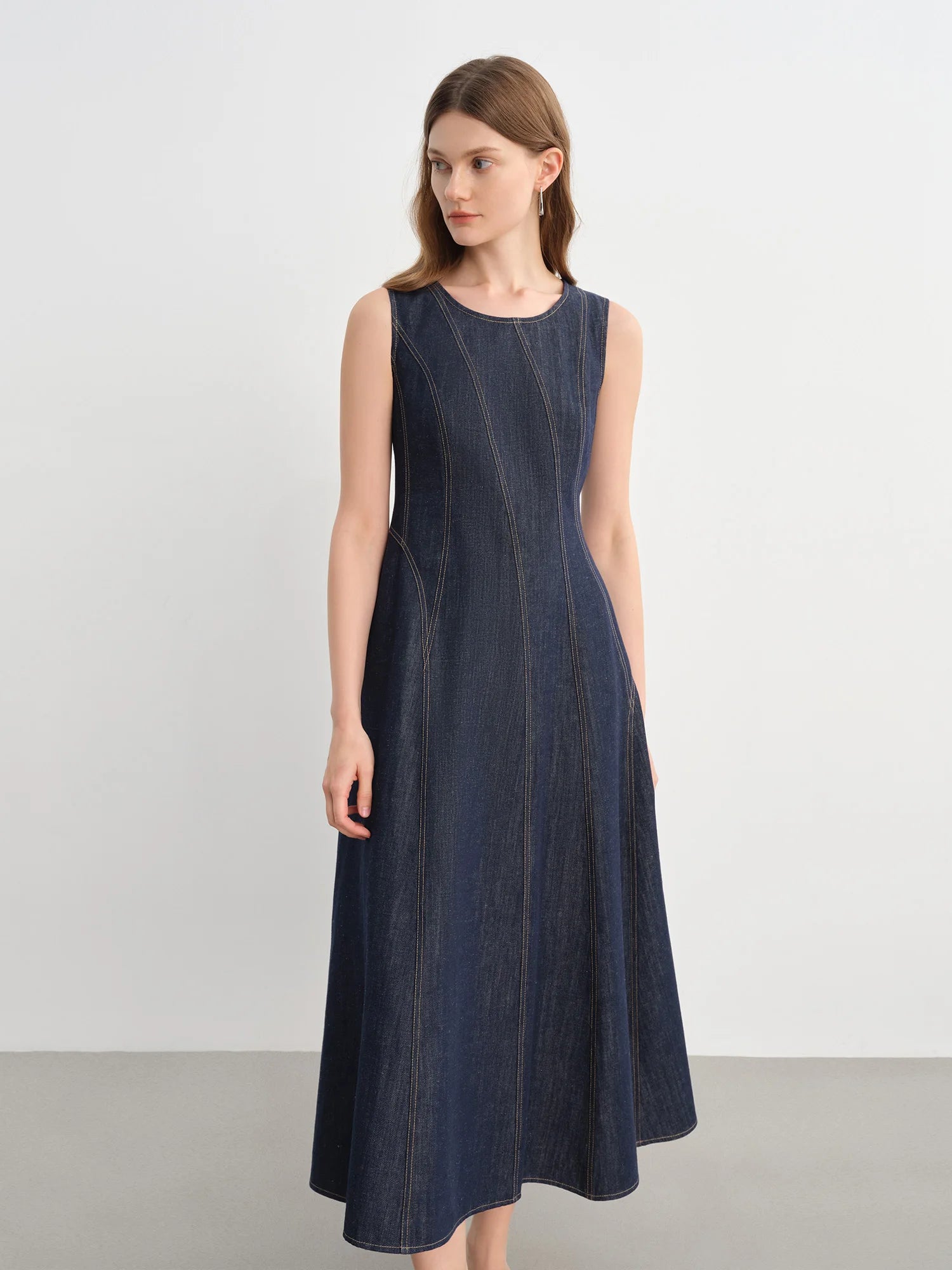 DUSHU Plus Size Denim Dress Women Summer Lyocell Tencel Breathable Slim Vest Dress Line Carved Dress