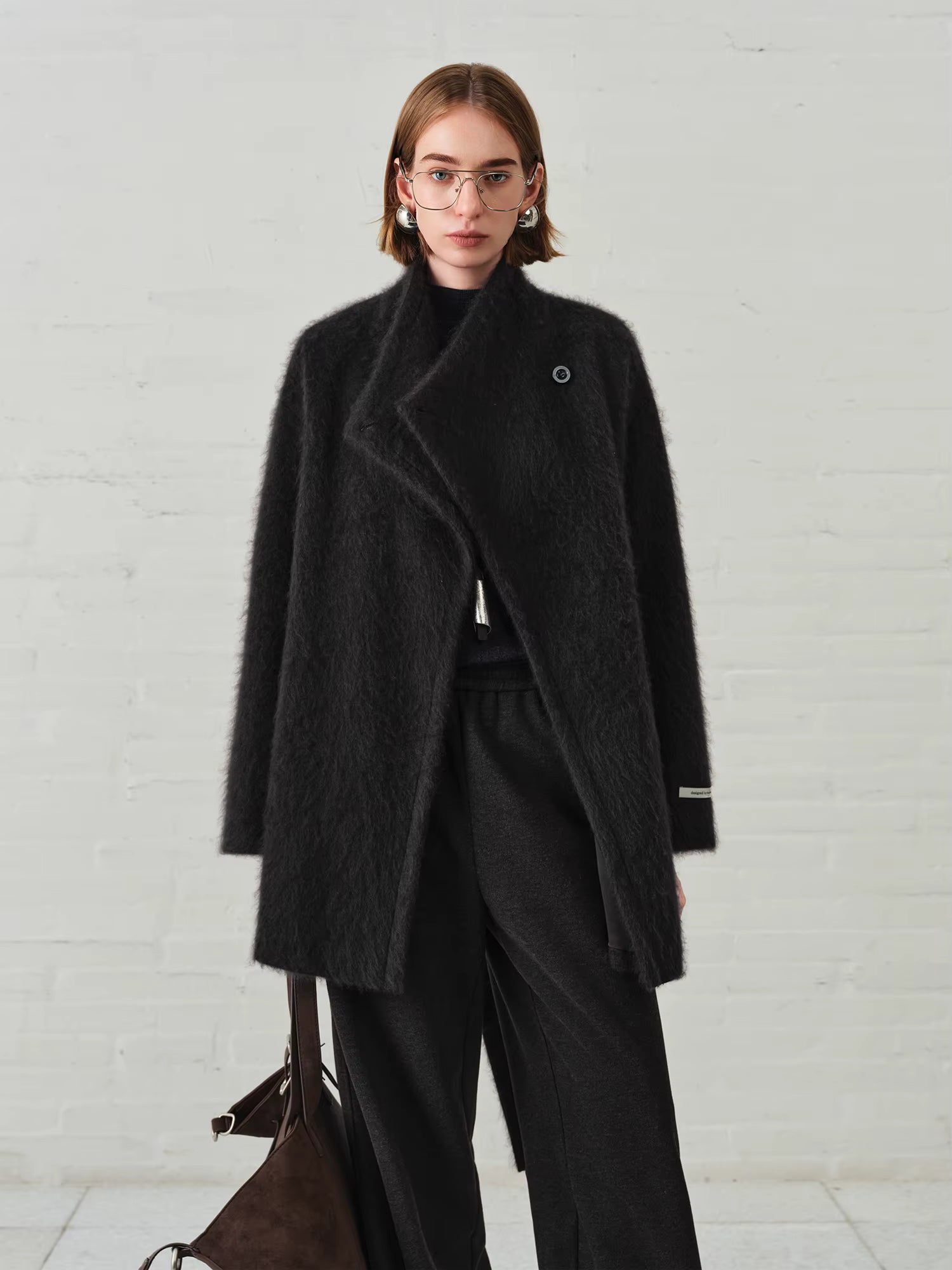 【Premium Series】Women's Brushed Cashmere Short Coat with Asymmetric Placket Stand Collar - Winter Warm Overcoat for Daily