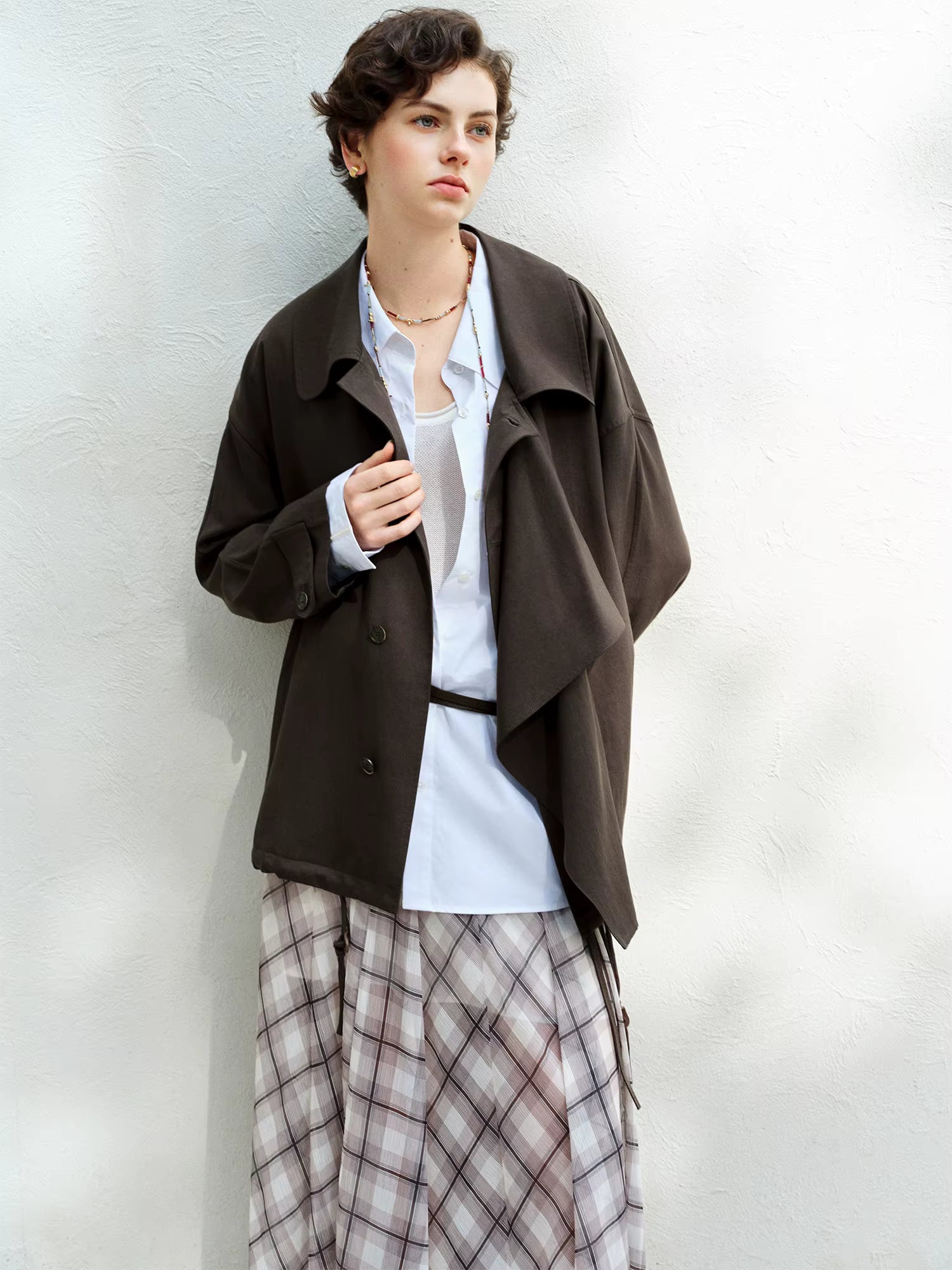 Relaxed Drawstring Turned-Up Collar Jacket for Women Spring 2026 New Arrival Long-Sleeve Top Lyocell Chestnut Brown Jackets