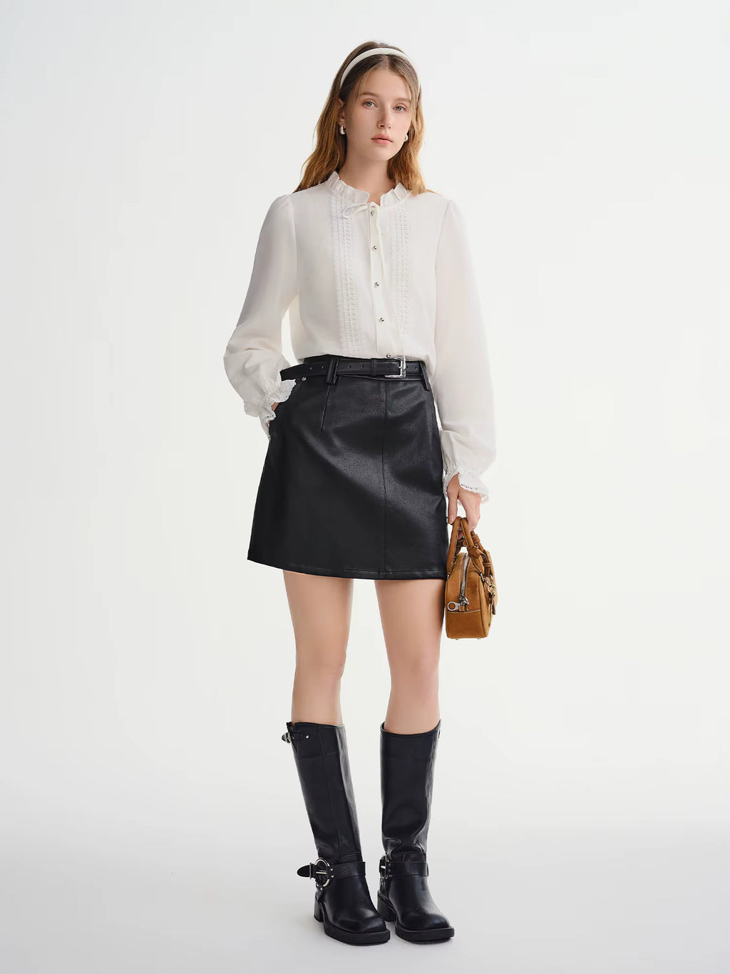 Plus-size Women High-waisted A-line Leather Skirt Winter 2025 New Arrival from the Bold Black Brown Collection Half Skirt