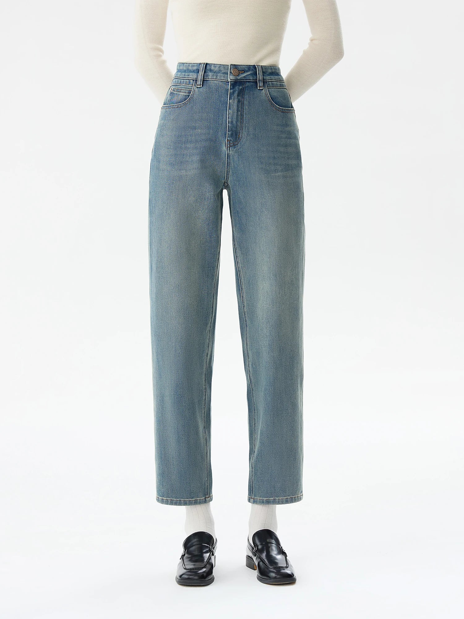 FSLE 55.2% Cotton Retro Style High Waist Jeans For Women Autumn Winter 2024 New Design All-match Trousers Casual Pants 24FS14494