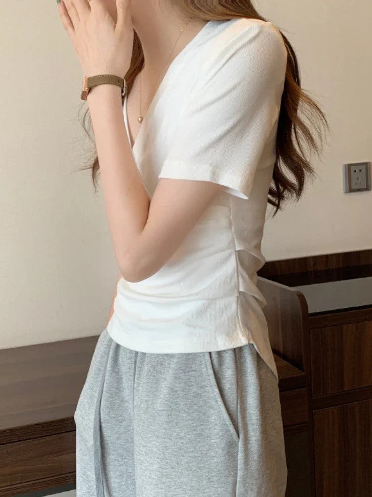 2024 Summer New Korean Fashion Cross V-neck Women's T-shirt Short Sleeve Slim Bottoming Shirts Crop Top Youthful Woman Clothes