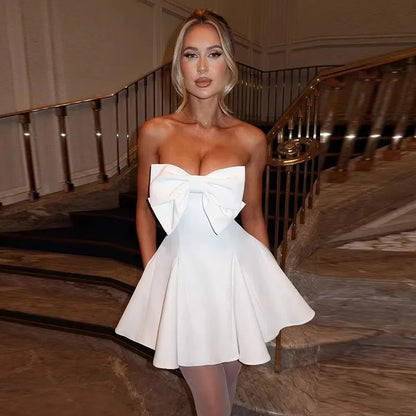 NIDANSSI White Pearl Backless Bow Evening Party Dress Women 2024 Robes Elegant Sexy Dress Bodycon Mini Summer Dress Vestidos