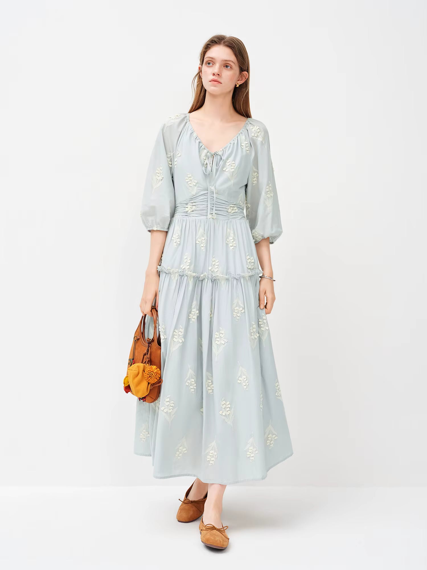 2026 Spring Women's Ethereal Textured Floral Embroidered Dress - Lily of the Valley Inspired Mid-Length Midi for Spring