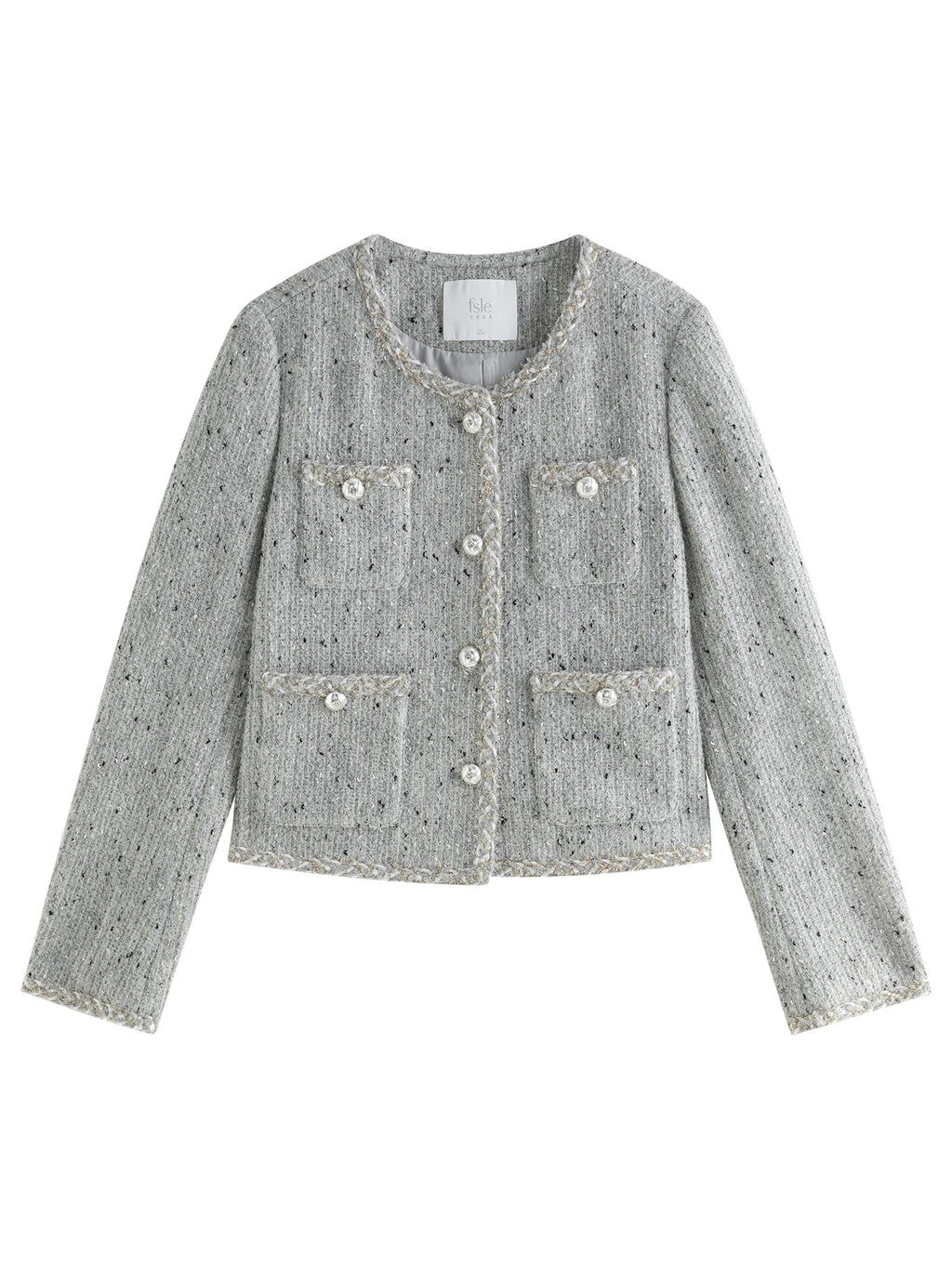 FSLE 33.3% Wool Women Grey Tweed Jacket Round Neck Temperament Short Coats Winter Thicken Wool Tweed Coats 24FS14422