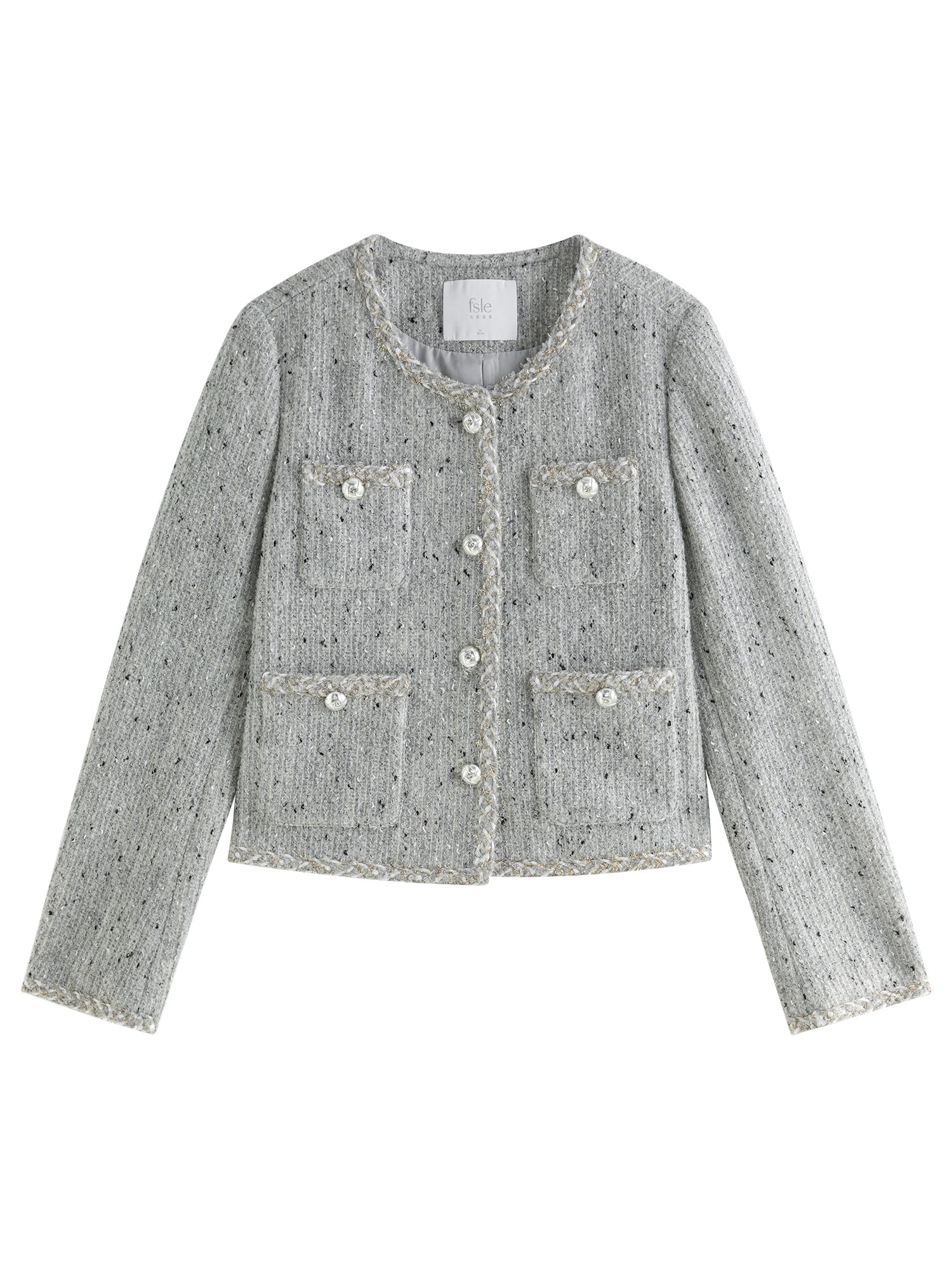 FSLE 33.3% Wool Women Grey Tweed Jacket Round Neck Temperament Short Coats Winter Thicken Wool Tweed Coats 24FS14422