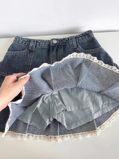 Women Blue A-line Denim Skirt Vintage Aesthetic Y2k Patchwork Lace Jean Skirt Harajuku Korean Cowboy Skirts 2000s Clothes Summer