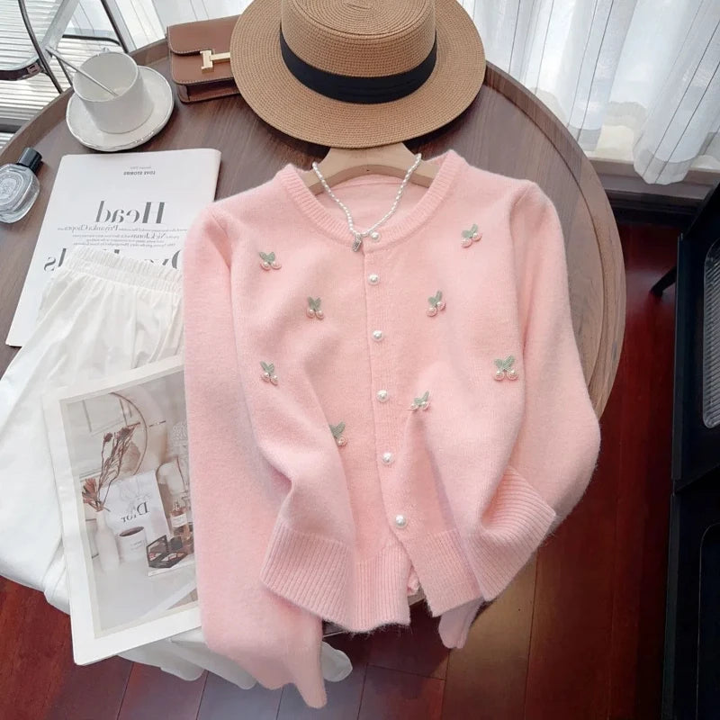 2024 Spring and Autumn Korean Knitted Cardigan French Sweet Gentle Soft Glutinous Round Neck Versatile Age Reducing Sweater Coat