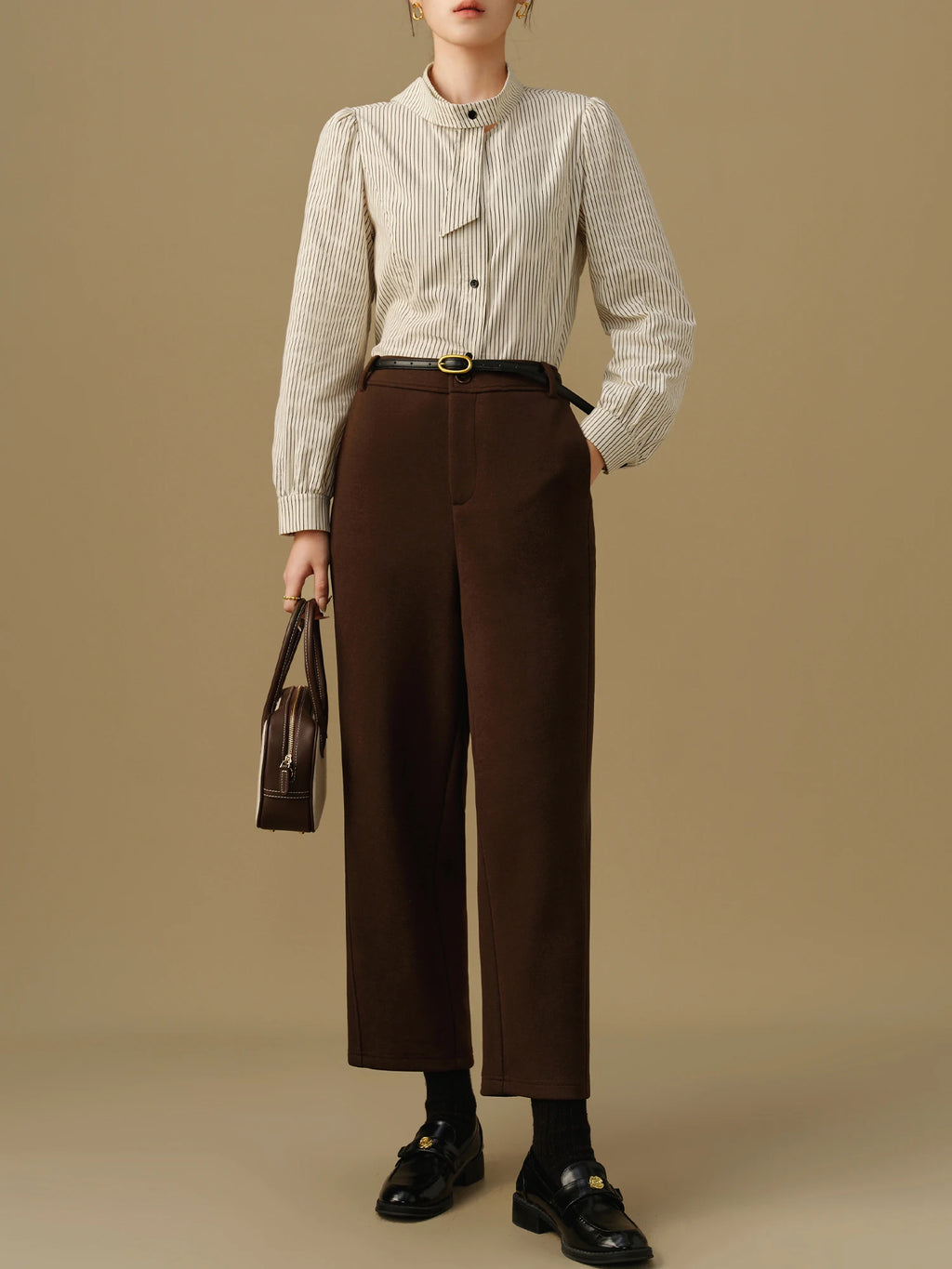 DUSHU Women Winter Trousers Thicken Cropped Office Lady Black Commuter Pants Brown Traped Winter Thick Casual Pant 24DS84432