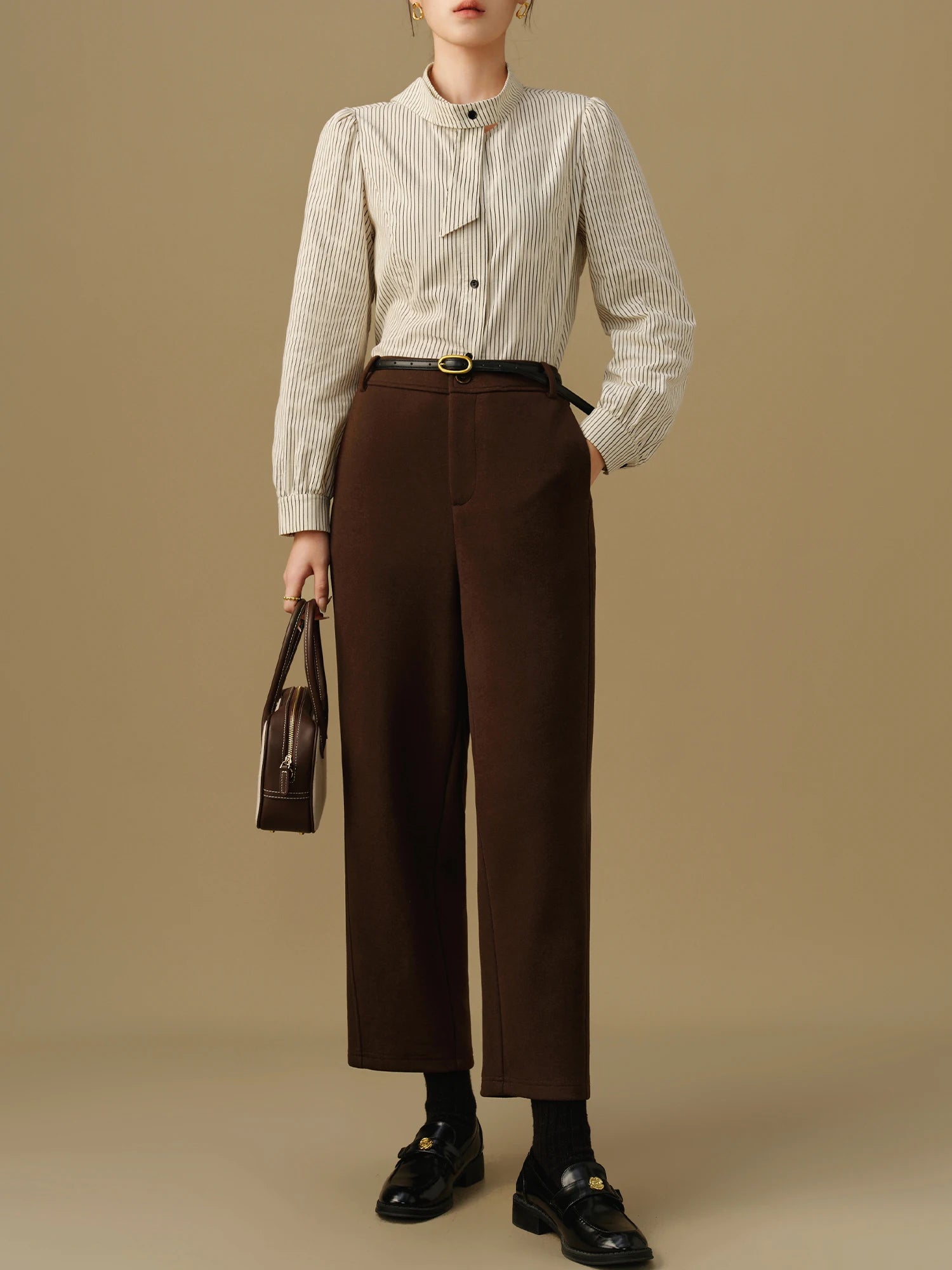 DUSHU Women Winter Trousers Thicken Cropped Office Lady Black Commuter Pants Brown Traped Winter Thick Casual Pant 24DS84432