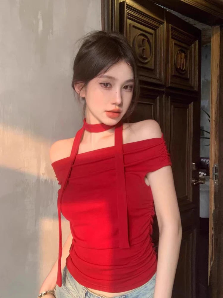 T-shirts for Women Red Eye-catching Slash Neck Sexy Summer Slim Fashion Highstreet All-match Underwear Aesthetic Simple American