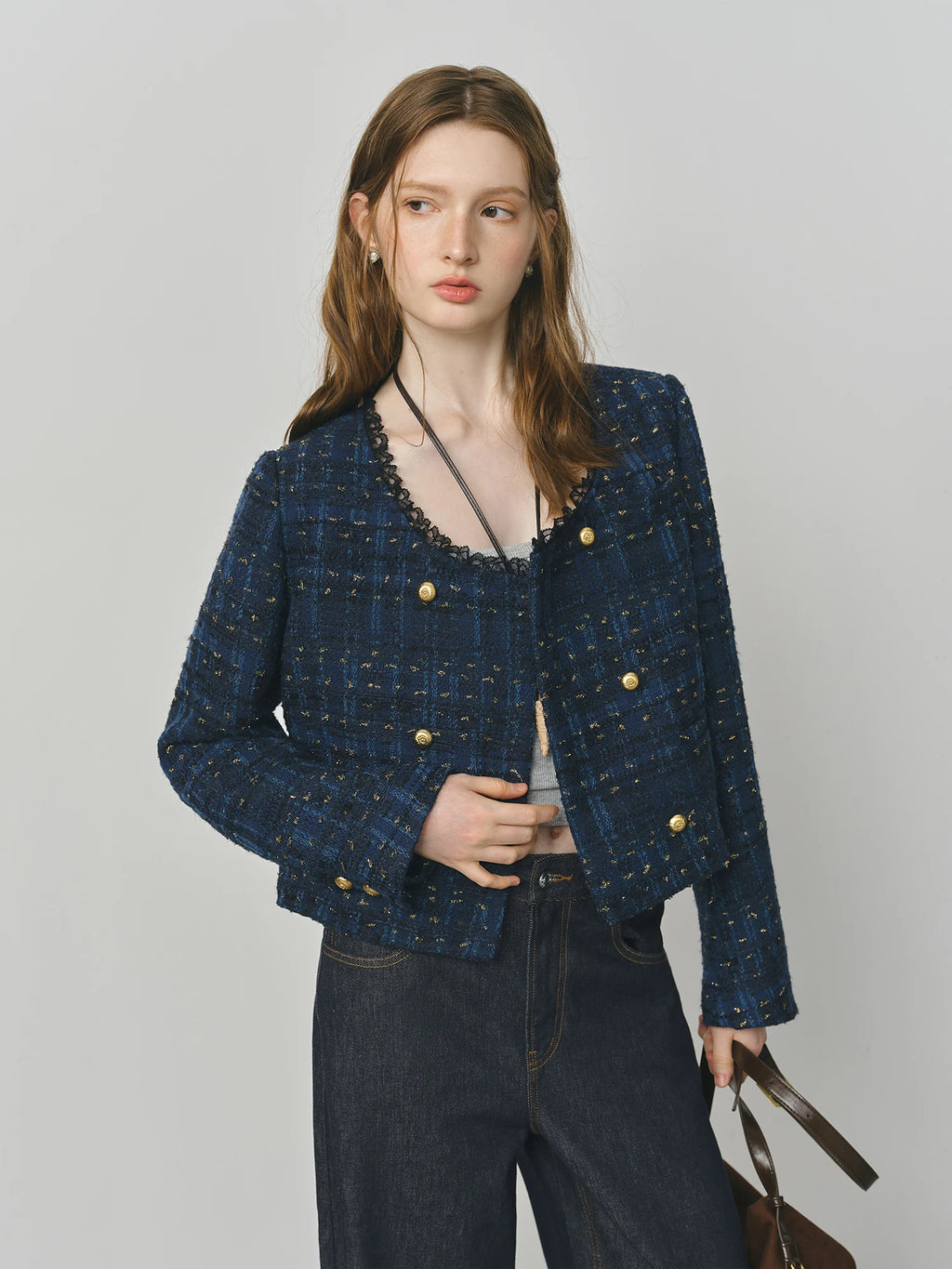 Cropped Jacket for Women 2025 Autumn New Exquisite Lace Stitching Long Sleeve Coats Top