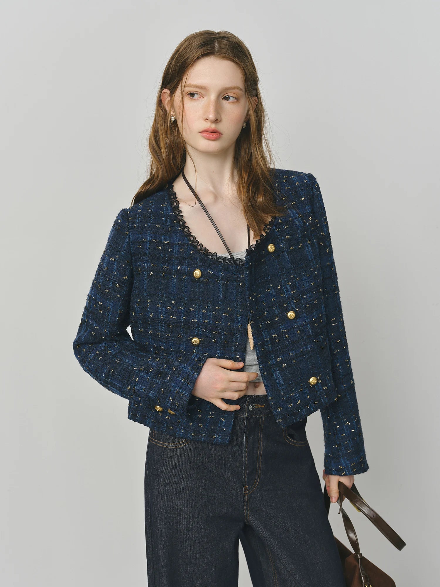 Cropped Jacket for Women 2025 Autumn New Exquisite Lace Stitching Long Sleeve Coats Top