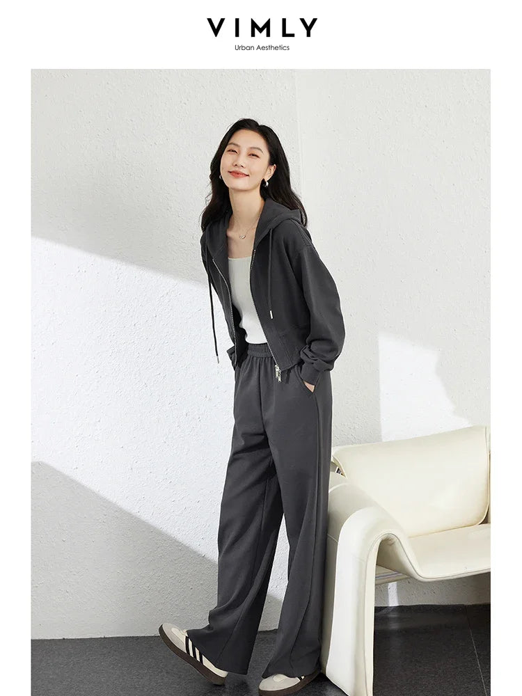 VIMLY Double Zipper Casual Drawstring Hooded Sweatshirt+Elastic Waist Wide Leg Pants Suit Autumn Simple Office Lady Tracksuit