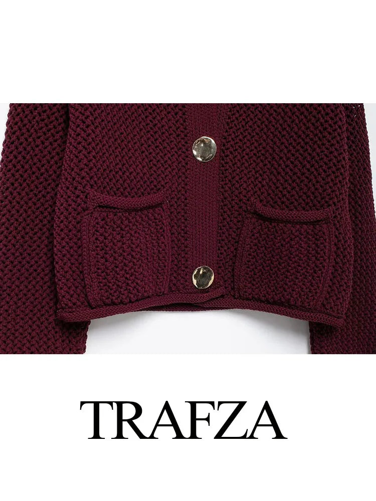 TRAFZA 2024 Female Casual Cardigan Sweater Coat 2 Pockets Wine Red Solid Metal Button Knitted Sweater Woman Autumn Trends Street