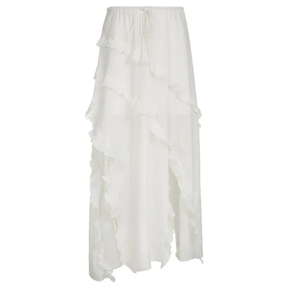 Y2K White Trim Midi Skirts Women Split Low Waisted Tie Up Long Skirts Women Fairycore Summer French Skirts Holiday Beach