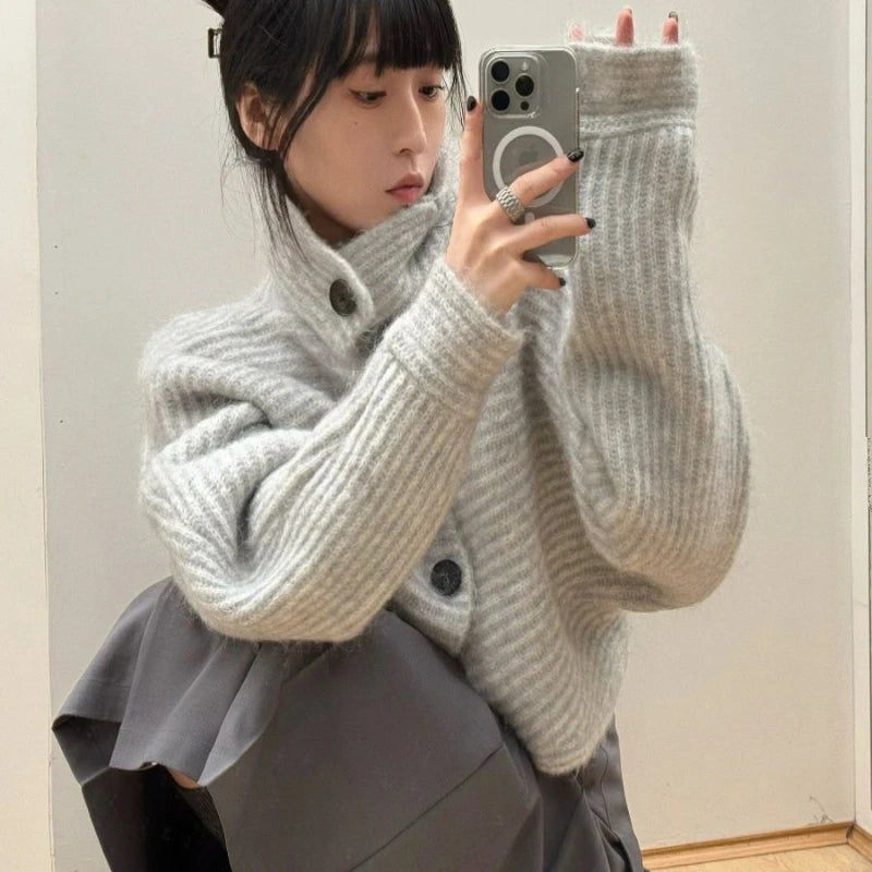 Deeptowm Y2K Gray Striped Women Sweater Vintage Turtleneck Korean Fashion Knit Cardigan Harajuku Button Autumn Loose Old Money