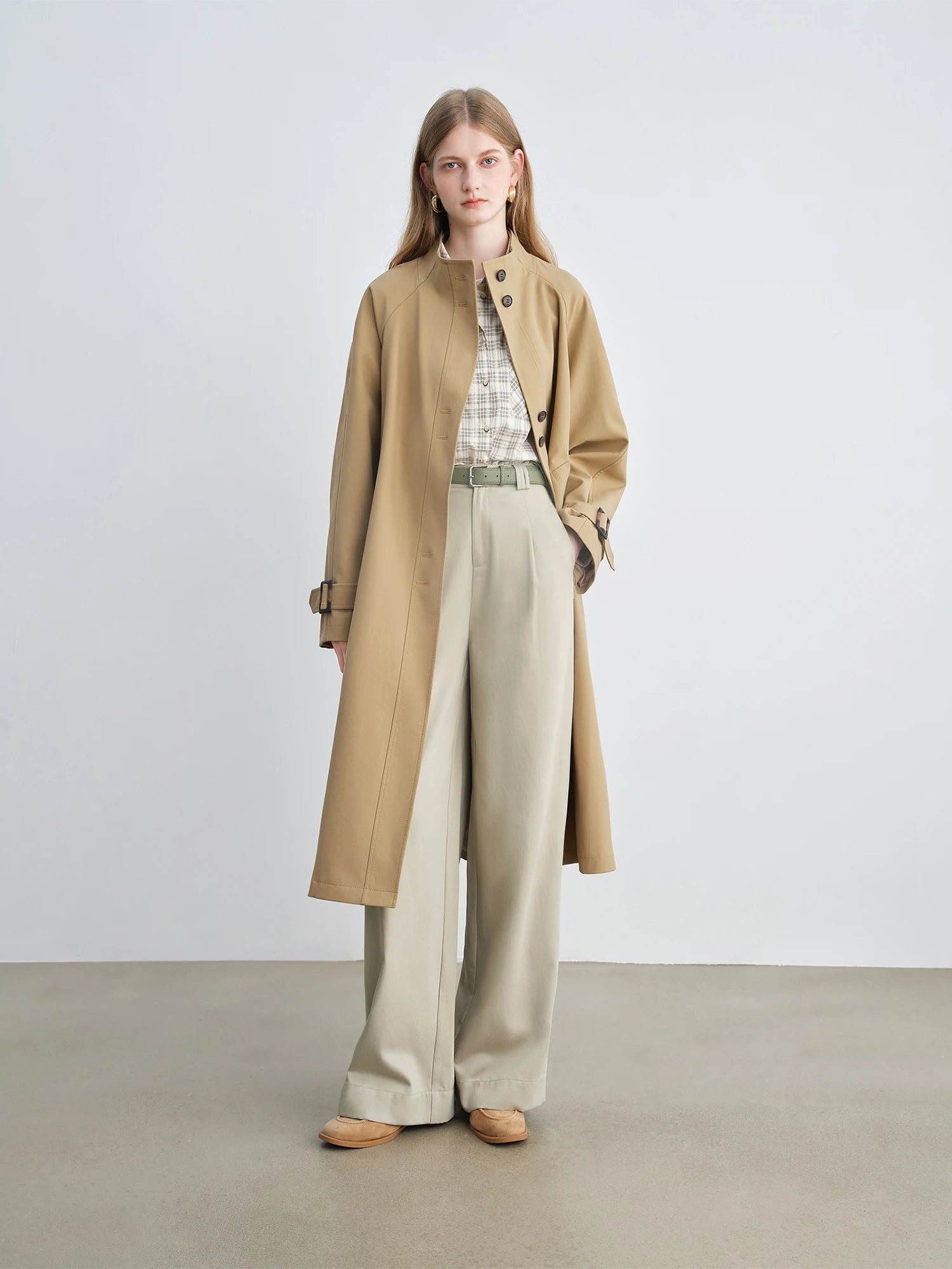 ZIQIAO Retro Style Stand Collar Mid-length Trench Long Jacket For Women 2025 New Arrival Short Khaki Coat