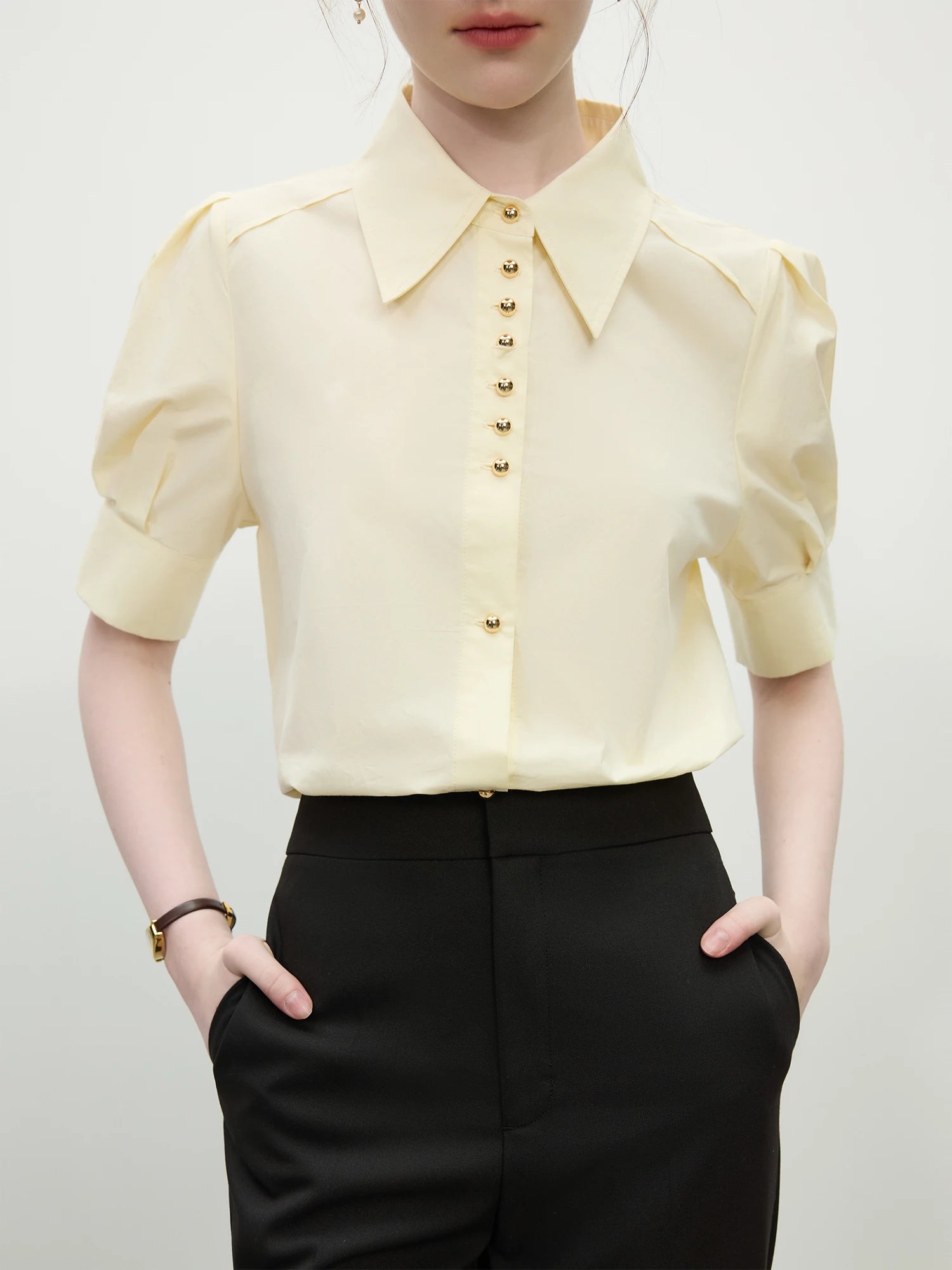 FSLE Elegant Temperament Style Commuting Lapel Short-sleeved Shirt For Women 2025 Summer New Design Formal