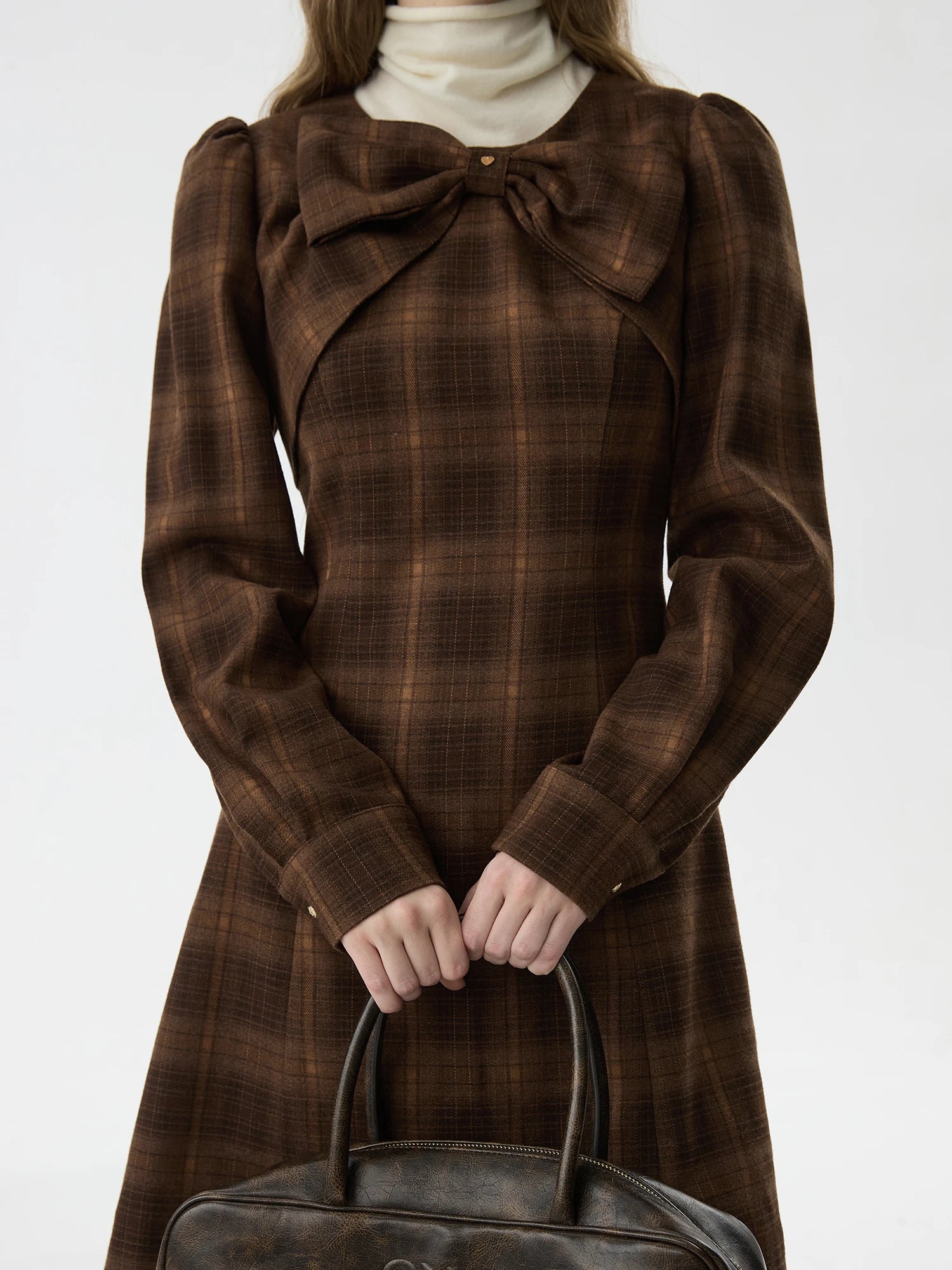 FSLE Women Plaid Long Sleeve Dress Bow Decoration Puff Sleeve Above-Knee Length Female Winter Thicken Dresses 24FS14626