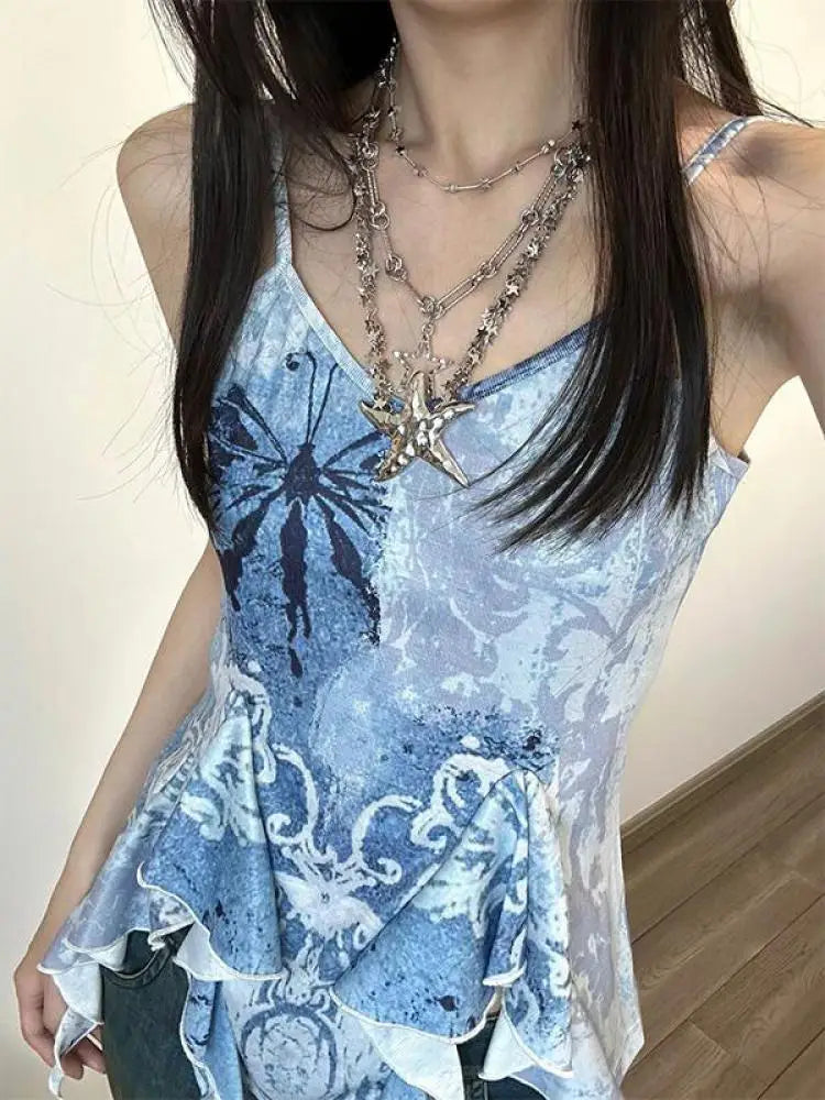 Sleeveless Blue Print Tank Y2k Vintage Camis 2000s Japanese E Girls Tee Irregual Tank Tops Summer