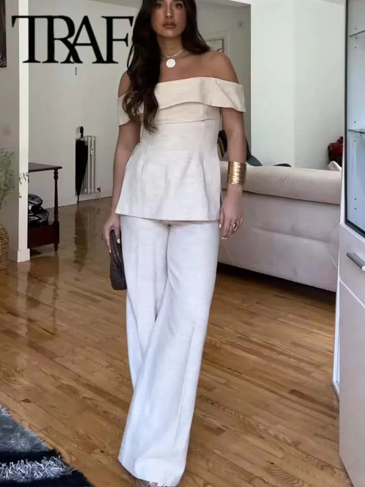 TRAF Women 2 Piece Set 2024 New Fashion Back Zipper Crop Top+High-Waisted Zip-up Casual Slim Wide Leg Pants Sets Women Outfit