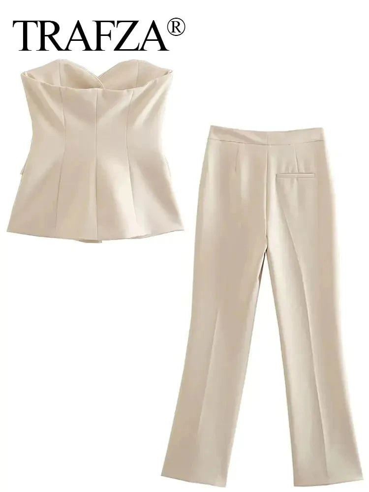 Solid Tube Top Pant Suit Sleeveless Off Shoulder Single Breasted Tube Top+All-match Straight Trousers Set TRAF