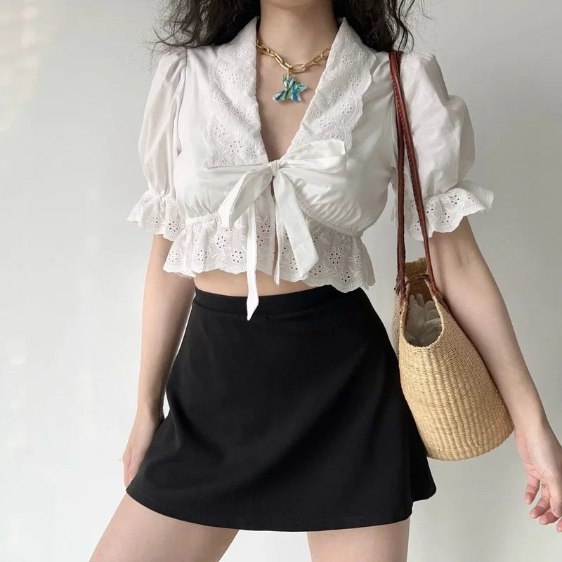 HOUZHOU Ruffle White Shirt Women Crop Top Sexy Hollow Out Elegant Puff Sleeve V-neck Bow Lace-up Blouses Summer Cute Short Shirt