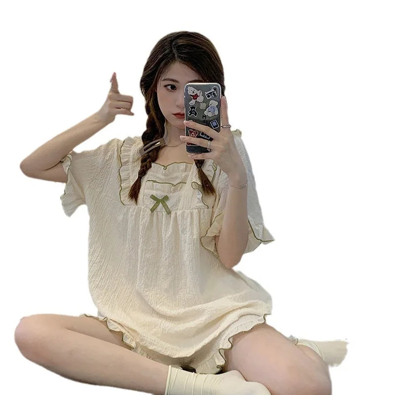 Pajamas Women's Summer Short-Sleeved Japanese Girls Solid-Coloured Breathable Large Size Bubble Cotton Casual Pajamas Homewear