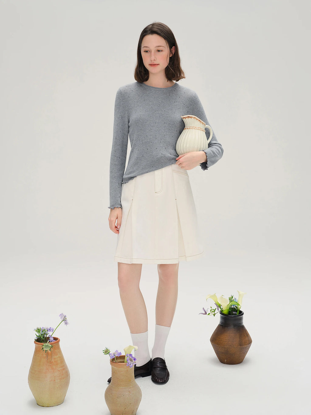 DUSHU Autumn 2025 Women's Round Neck Knit Top - Eyelet Trim Lace Edge Ribbed Texture Office Casual Blouse with Loose Fit