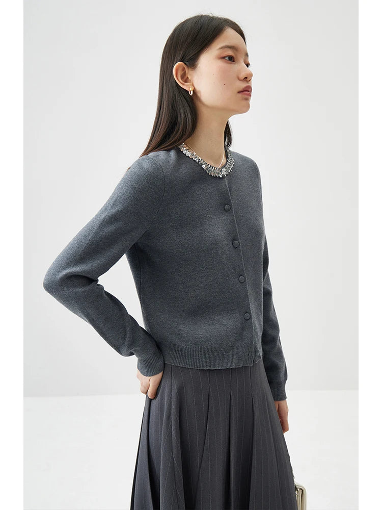 ZIQIAO Office Lady Sequin Gray Knitted Cardigan For Women's Spring 2024 New Commute Gray Style Women Top 24ZQ91118