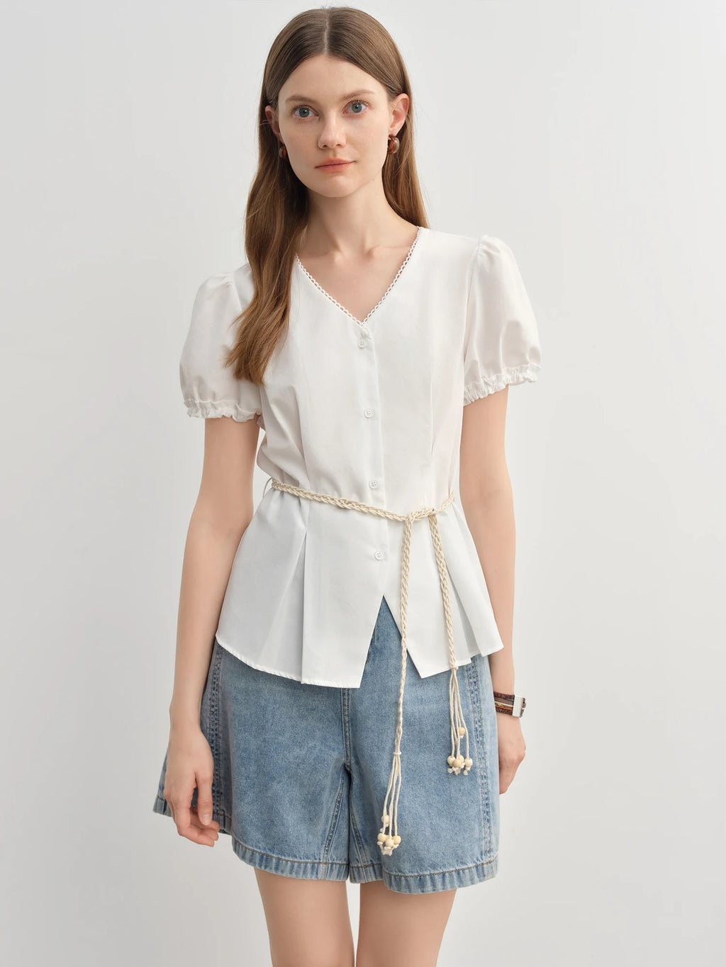 DUSHU Summer 2025 Women's V-Neck Blouse - Textured Pleats Accented Waist Relaxed Fit Resort Top