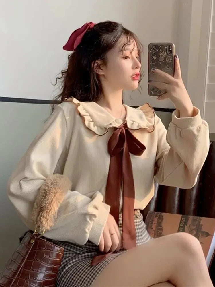 Spring Autumn Corduroy Kawaii Bow Peter Pan Collar Shirts Vintage Cute Long Sleeve Women Clothing All-match Sweet Blouses Women