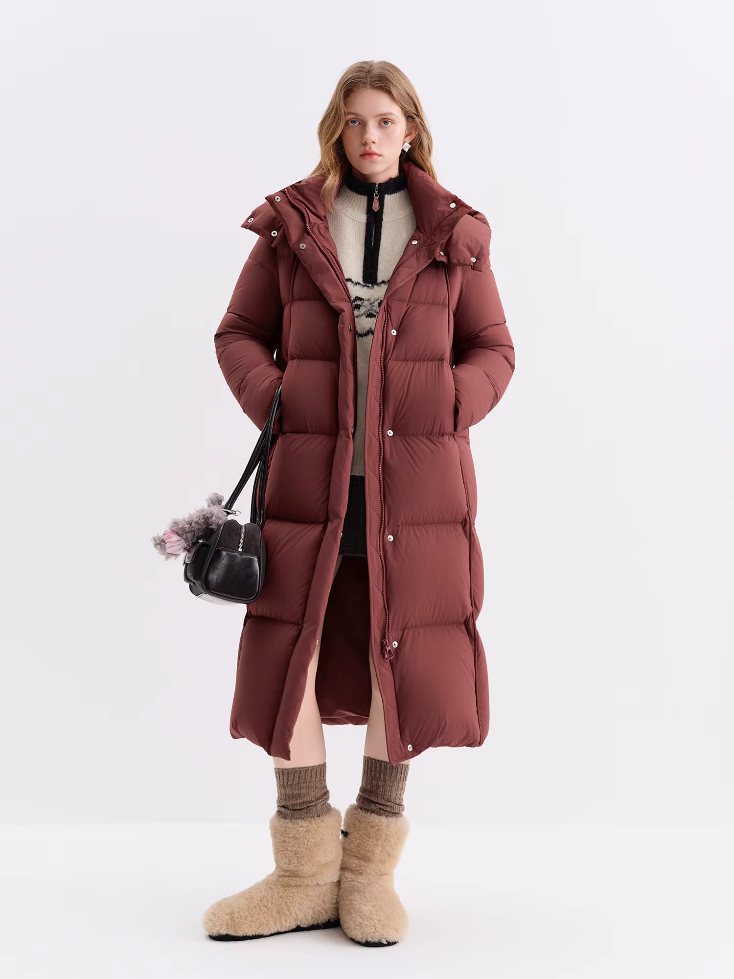 Puff Hooded Color Matching Knee-length Down Jacket Women's Winter 2025 New Cold-proof Warm Coats Simple Leisure