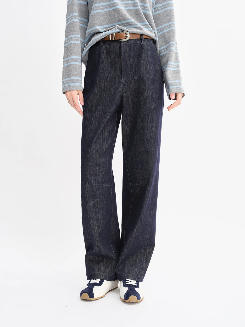 DUSHU Autumn 2025 Women's Vintage Wide Leg Jeans - Curve Flattering High Waist Stretch Denim Pants Arc Hem Casual Comfort Fit