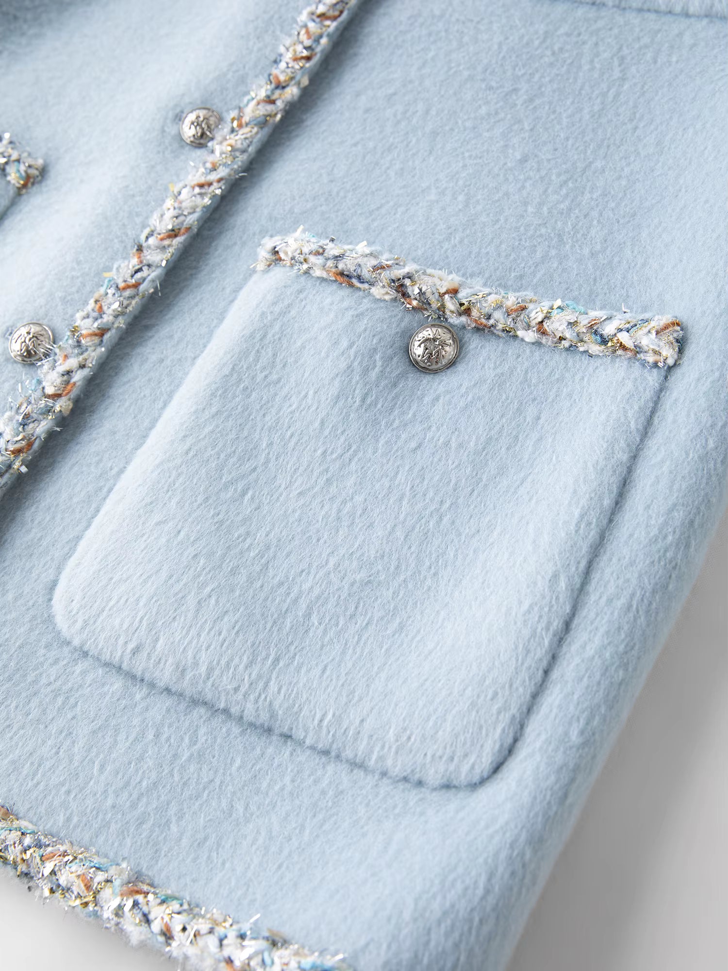 French-Style Woolen Round-Neck Coat Winter 2025 New Arrival Blue Tweed Outerwear All-match Autumn Elegant Blue