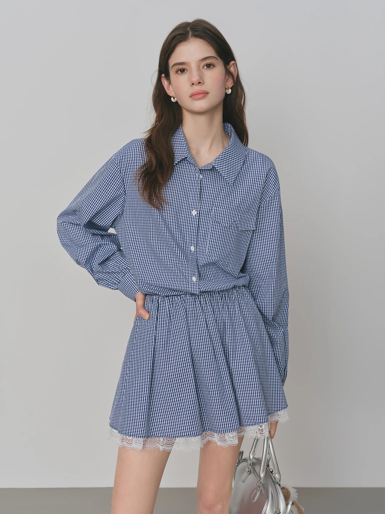 FSLE Blue Plaid Shirt Skirt Set For Women 2025 Autumn New Arrival Long-sleeved Lace Chic Blouse Y2K Skirt
