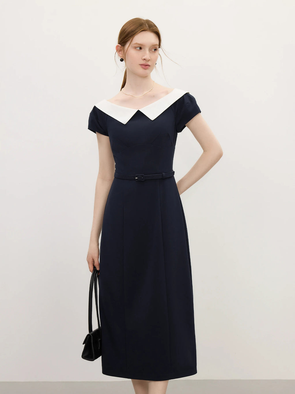 FSLE Contrast Color Splicing Lantern Sleeve Dress Female 2025 Summer New One-line Shirt Collar Mid-length Dress
