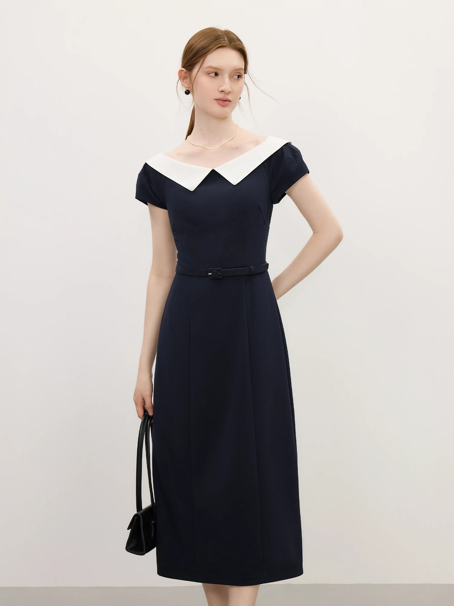 FSLE Contrast Color Splicing Lantern Sleeve Dress Female 2025 Summer New One-line Shirt Collar Mid-length Dress