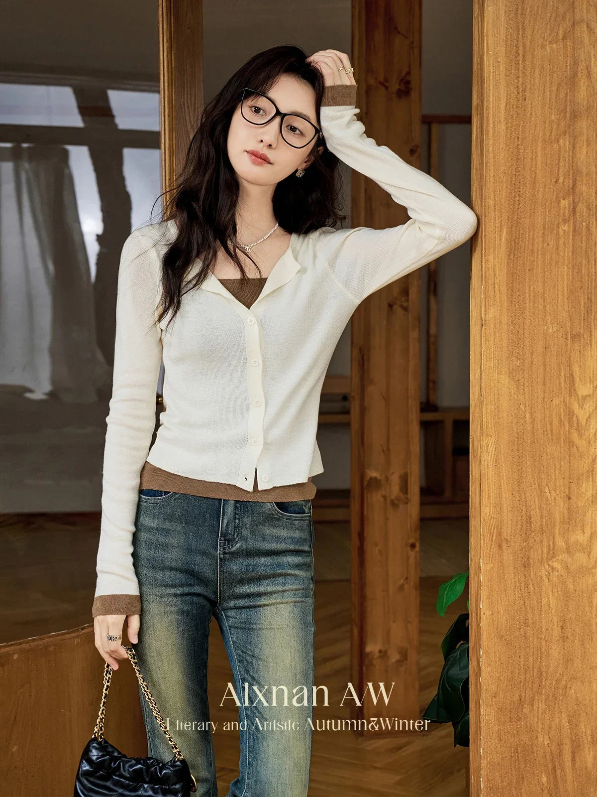 ALXNAN Women Knitted Sweater 2024 Autumn New Korean Style 2 In 1 Spliced Cardigan Vintage Chic Slim Fit Female Tops L50068