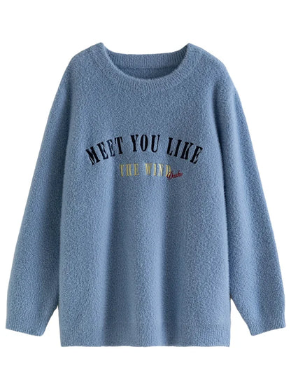 DUSHU Round Neck Drop Sleeve Female Pink Gentle Winter Sweaters Women Soft Waxy Casual Knit Sweater Thicken Blue Loose Pullovers