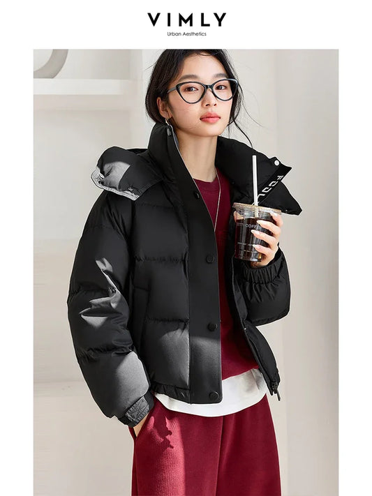 VIMLY Women's Office Lady Short Down Jacket Winter New 90% White Duck Down Hooded Warm Jacket Coat Simple Casual Outercoat50807